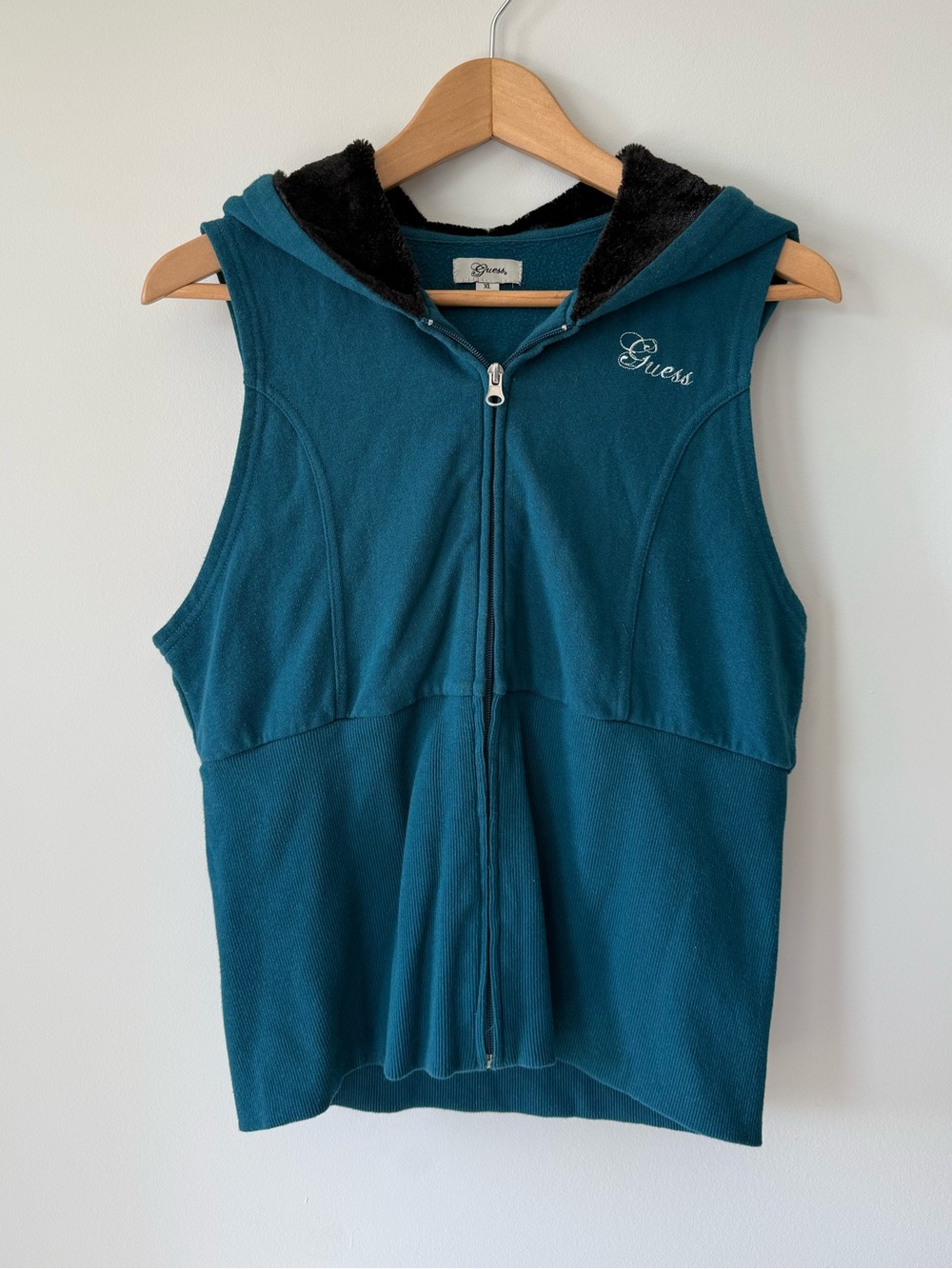 (XL) Guess Teal Hooded Fleece Zip Vest